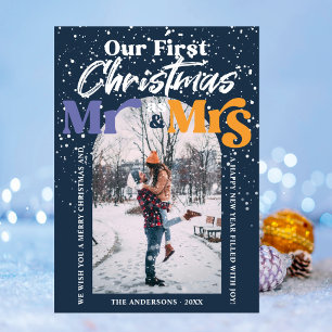 Arch Blue First Christmas Mr and Mrs Couple Photo  Holiday Card
