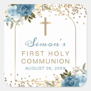 Arch Blue Gold Floral First Holy Communion Square Sticker