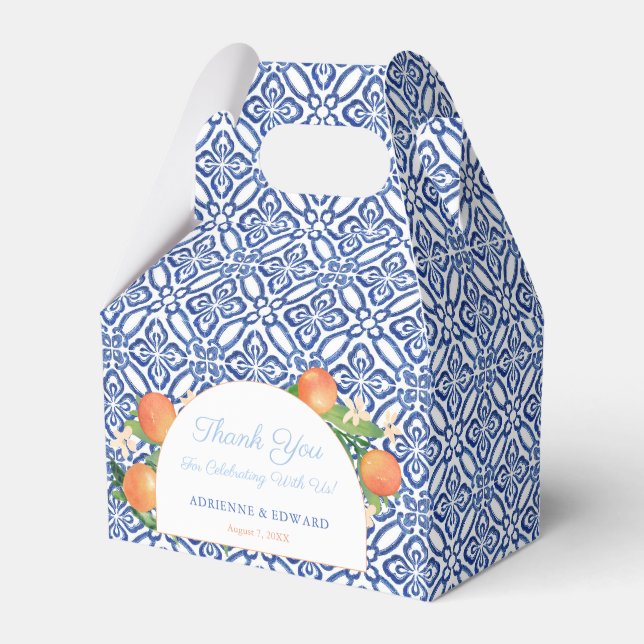 Arch Blue Tiles Oranges Mediterranean Wedding Favor Box (Front Side)