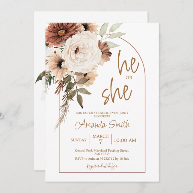 Arch Boho Floral Gender Reveal He or She  Invitation (Front/Back)