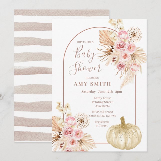 Arch Boho Pumpkin and Pampas Grass Baby Shower  Invitation (Front/Back)