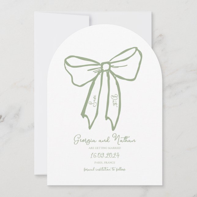 Arch Bow Sage Green Enregistrer la date Invitation (Devant)