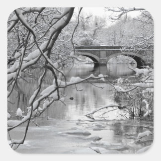 Arch Bridge over Frozen River in Winter Square Sticker