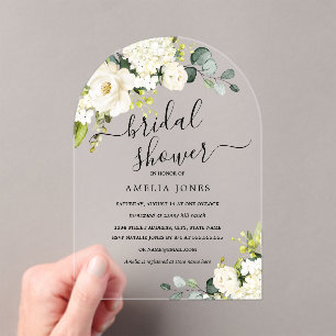 Arch Elegant White Ivory Floral Bridal Shower  Acrylic Invitations