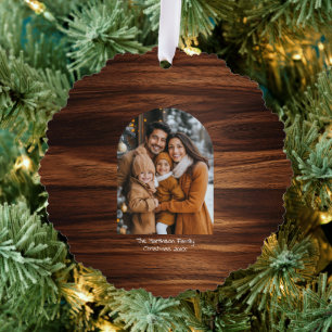 Arch Family Christmas Photo Woodgrain Pattern  Ornament Card