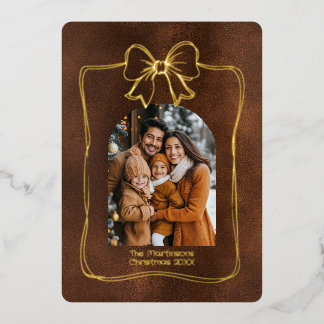 Arch Family Photo and Bow Christmas Brown Foil Holiday Card