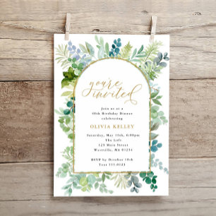 Arch Frame Watercolor Greenery & Foliage Birthday Invitation