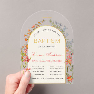 Arch Girl Baptism Gold Cross & Wildflowers Floral Acrylic Invitations
