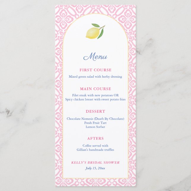 Arch Girly Pink With Lemon Baby Shower Party Menu (Front)