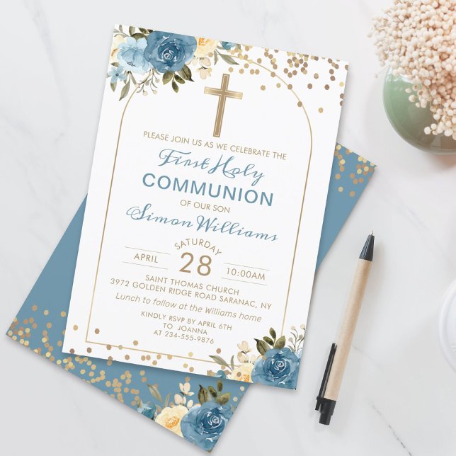 Arch Gold Dusky Blue Floral First Holy Communion Invitation (Creator Uploaded)