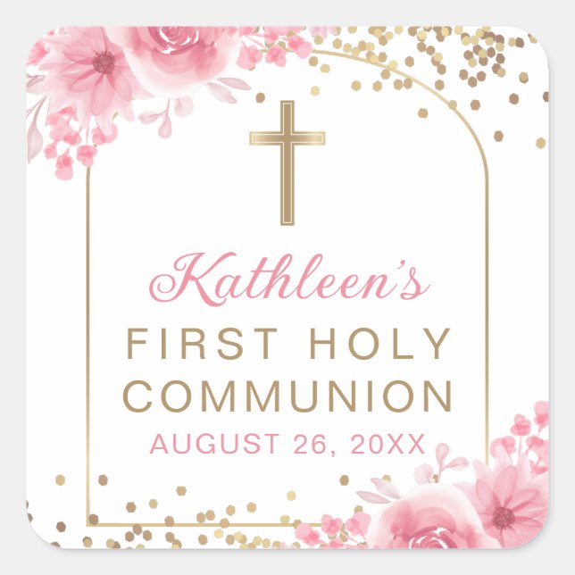 Arch Gold Glitter Pink Floral First Holy Communion Square Sticker (Front)