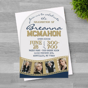 Arch Graduation Photo Filmstrip Navy Blue & Gold Acrylic Invitations