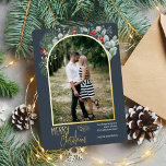 Arch Greenery Merry Christmas Photo Dusty Blue Foil Holiday Card<br><div class="desc">This design features watercolor holly and eucalyptus around an arched picture with a gold foil frame.</div>