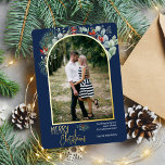 Arch Greenery Merry Christmas Photo Navy Blue Foil Holiday Card<br><div class="desc">This design features watercolor holly and eucalyptus around an arched picture with a gold foil frame.</div>