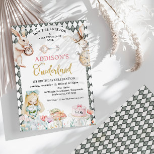 Arch Grey Diamond Alice in Onederland 1st Birthday Invitation