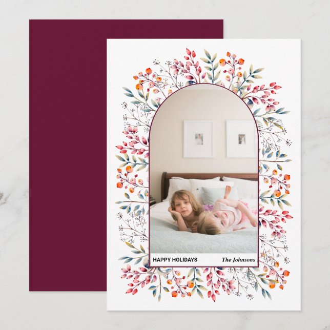 Arch leaves and berries burgundy Christmas photo Holiday Card (Front/Back)