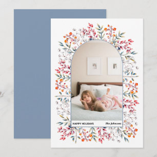 Arch leaves and berries dusty blue Christmas photo Holiday Card