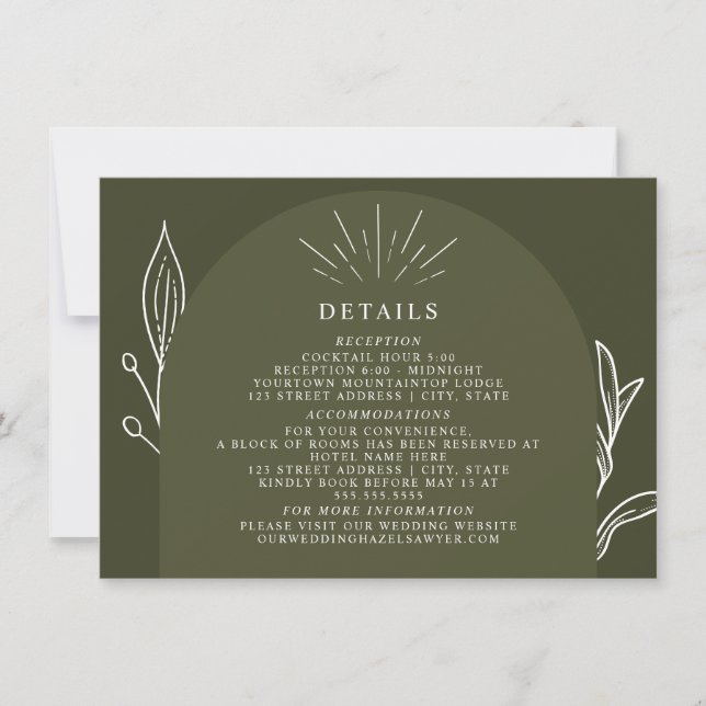 Arch Line Art Green Wedding Details Invitation (Front)