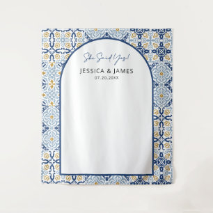 Arch Mediterranean Blue Tile Engagement Backdrop Tapestry