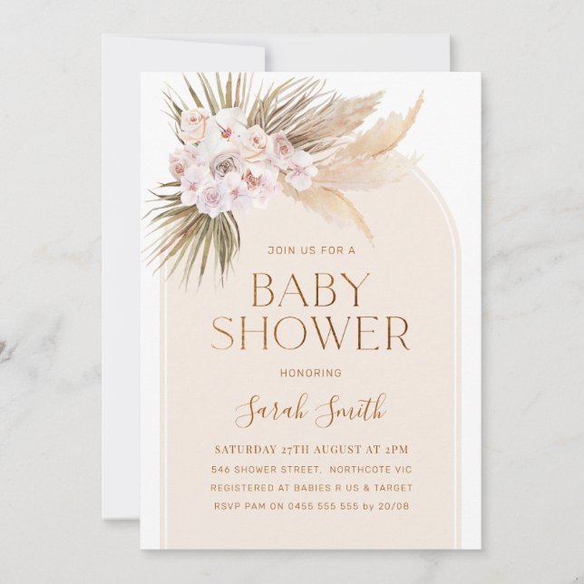 Arch Minimalist Pampas Grass Baby Shower  Invitation (Front)