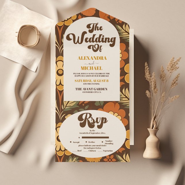 Arch Modern Retro 70s Floral Wedding All In One Invitation (Creator Uploaded)