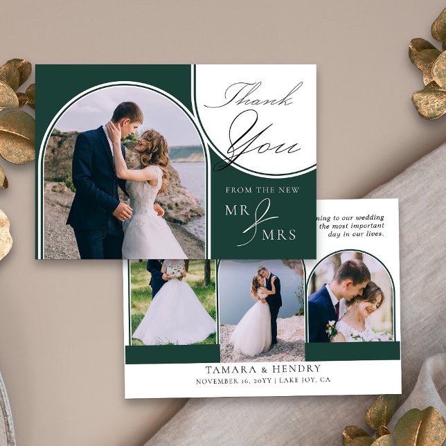 Arch Multi Photo Elegant Calligraphy Emerald Green Thank You Card (Arch multi photo wedding thank you card in emerald green from my Wedding Colors collection)