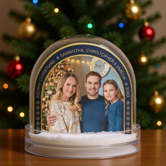 Arch Navy Blue Faux Gold Christmas Family Photo  (Snow globe with Christmas tree)