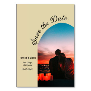 arch photo beige boho save the date QR modern Table Number