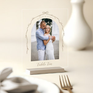 Arch Photo Beige Bow & Ribbon Wedding Table Number Acrylic Sign