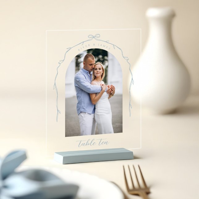 Arch Photo Blue Bow & Ribbon Mariage Numéro de tab (Arch Photo Blue Bow & Ribbon Wedding Table Number Acrylic Sign)