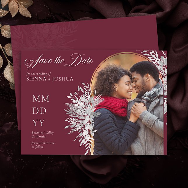 Arch Photo Botanical Foliage Burgundy Horizontal Save The Date (Photo Save the Date Invite in Burgundy and Grey from the Foliage Duet Collection by Darling & May)