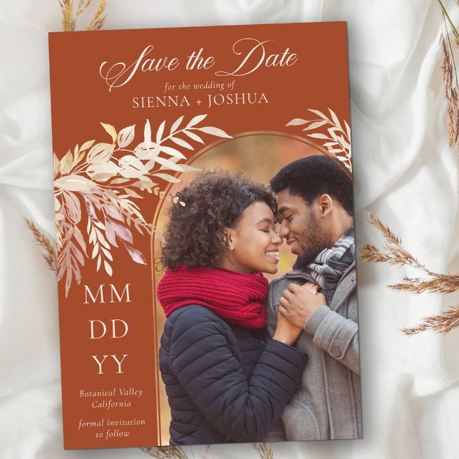 Arch Photo Botanical Foliage Terracotta Save The Date (Fall Save the Date with Wedding Arch framing your photo. Terracotta with neutral fall foliage)