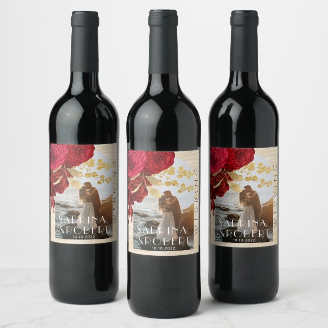 Arch Photo Burgund Floral Botanical Wedding Wine Label (Bottles)