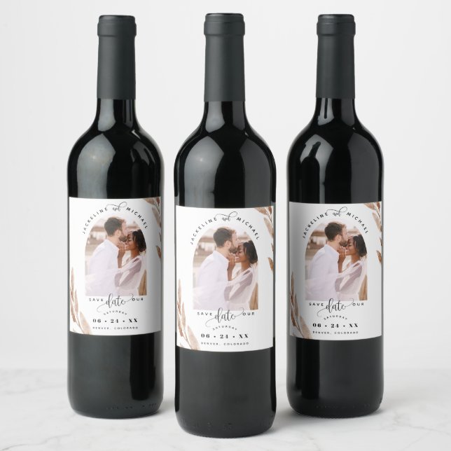 Arch Photo, Copper Leaves Wedding Save the Date Wine Label (Bottles)