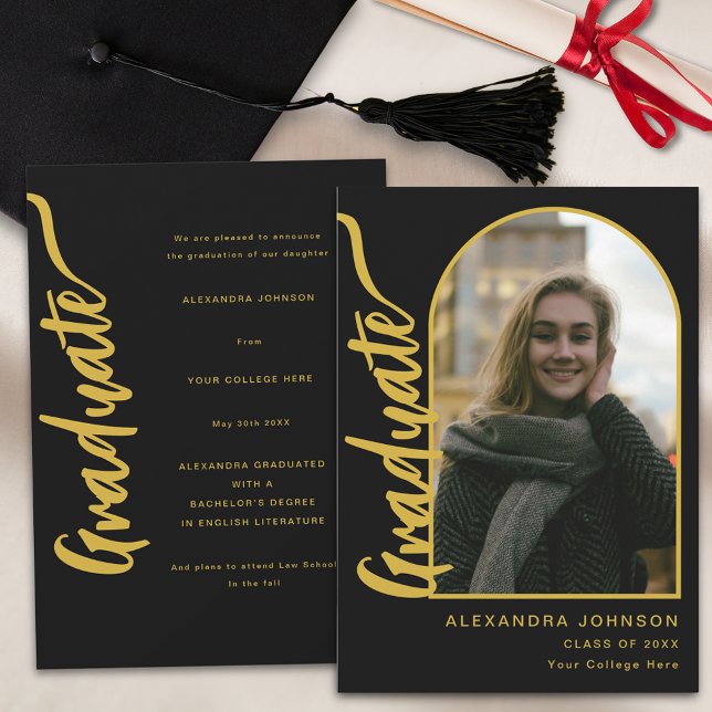 Arch Photo Graduation  Announcement (Arch photo graduate black and gold script graduation announcement card)