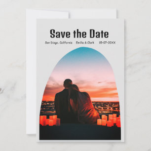 arch photo grey boho save the date QR modern rusti Invitation