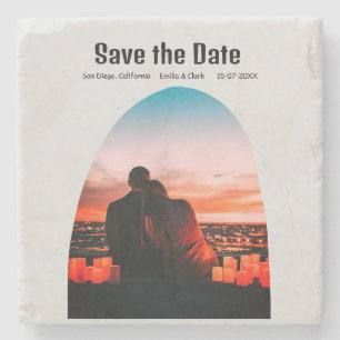 arch photo grey boho save the date QR modern rusti Stone Coaster