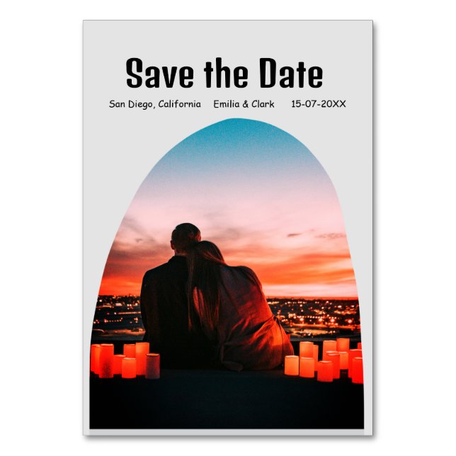 arch photo grey boho save the date QR modern rusti Table Number (Front)