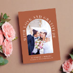 Arch Photo Love And Gratitude Terracotta Wedding Thank You Card<br><div class="desc">Modern terracotta wedding thank you card featuring your photo in an arch frame and "With Love And Gratitude" in elegant white typography. Add your first names or married name, wedding date and location. On the reverse side, personalize your thank you message and add an additional photo and your names in...</div>