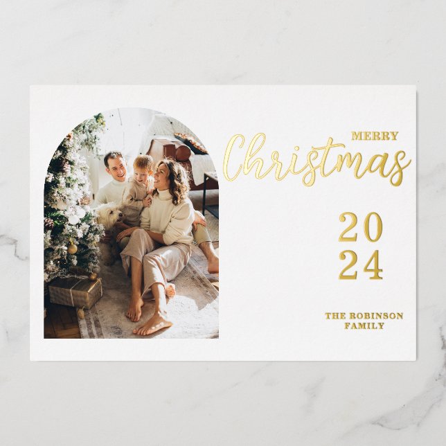 Arch Photo Modern Christmas Foil Holiday Card (Front)