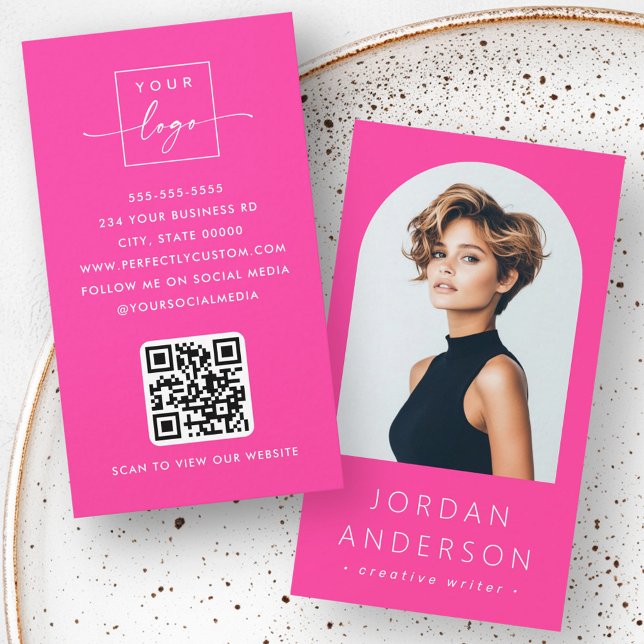 Arch photo modern minimalist QR code logo hot pink Business Card (Arch photo modern minimalist QR code logo hot pink Business Card)