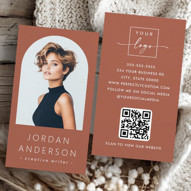 Arch photo modern QR code logo terracotta brown Business Card (Arch photo modern QR code logo terracotta brown Business Card)