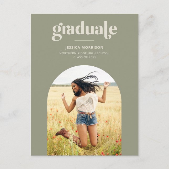 Arch Photo Modern Type Avocado Green Graduation Postcard (Front)