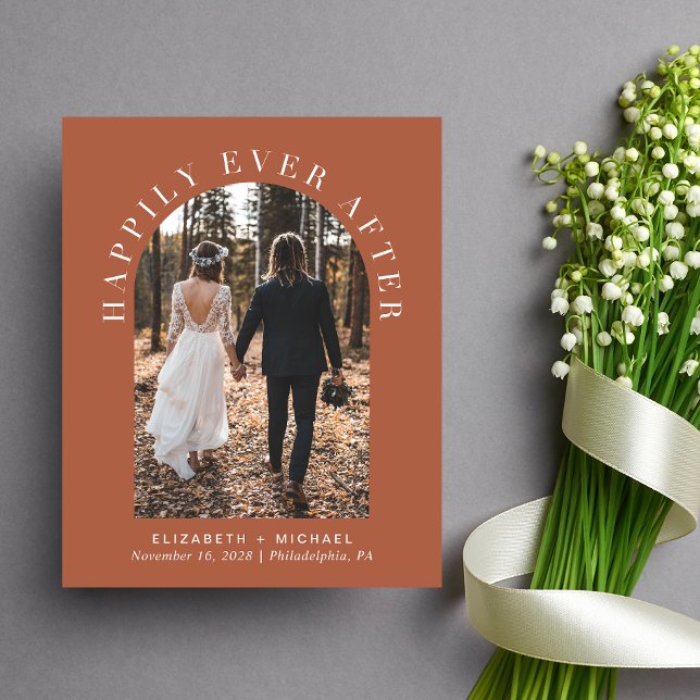 Arch Photo Terracotta Wedding Reception Invitation (Celebrate your love story with an invitation showcasing your favorite photo in an elegant arch frame)