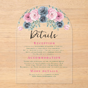 Arch Pink and Blue Blooms Wedding Details Acrylic Invitations