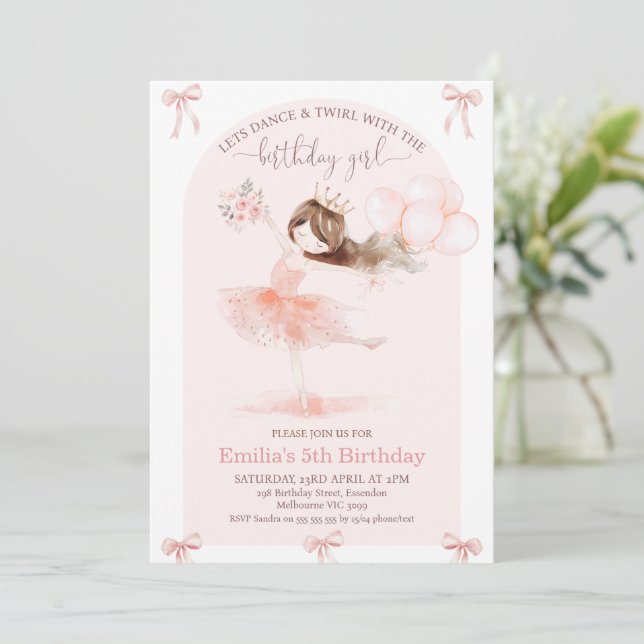 Arch Pink Dance Twirl Birthday Girl Birthday Invitation (Standing Front)