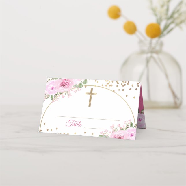 Arch Pink Floral Gold Glitter Baptism Place Card (Front)