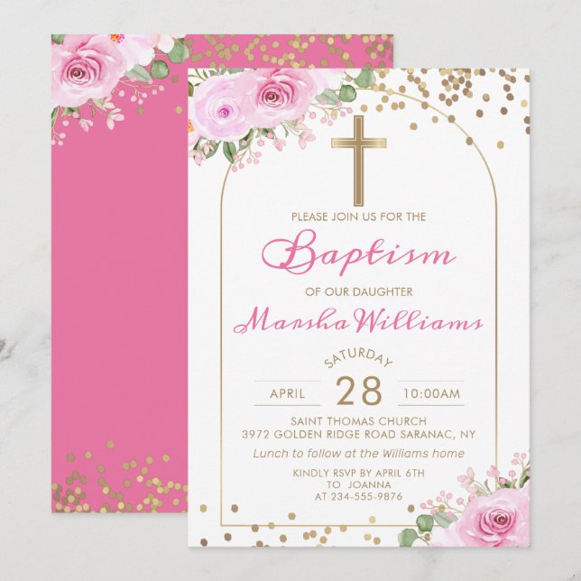 Arch Pink Floral Gold Glitter Girl Baptism Invitation (Front/Back)