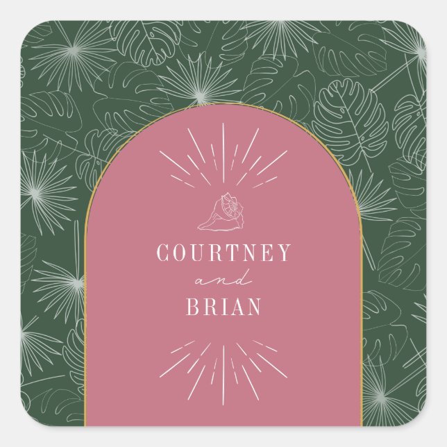 Arch Pink & Green Palm Tropical Beach Wedding Square Sticker (Front)