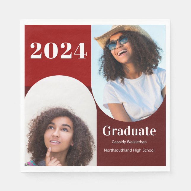 Arch Red Burgundy Two Photo Graduation Napkin (Front)